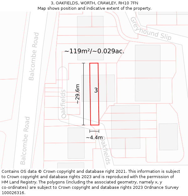 3, OAKFIELDS, WORTH, CRAWLEY, RH10 7FN: Plot and title map