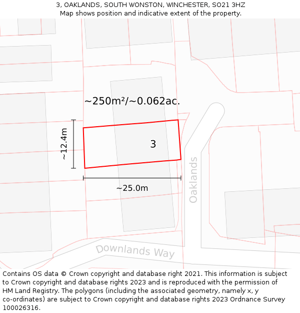 3, OAKLANDS, SOUTH WONSTON, WINCHESTER, SO21 3HZ: Plot and title map