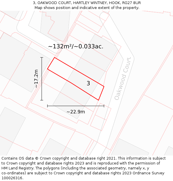 3, OAKWOOD COURT, HARTLEY WINTNEY, HOOK, RG27 8UR: Plot and title map