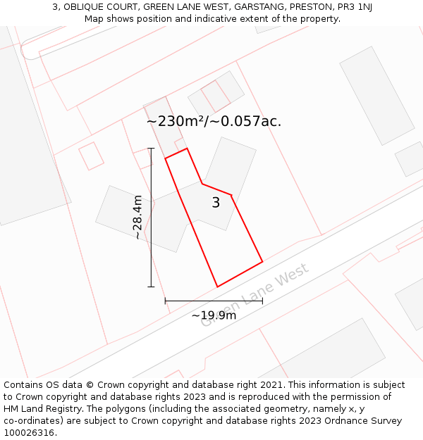 3, OBLIQUE COURT, GREEN LANE WEST, GARSTANG, PRESTON, PR3 1NJ: Plot and title map
