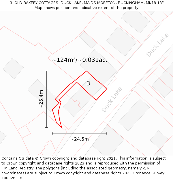 3, OLD BAKERY COTTAGES, DUCK LAKE, MAIDS MORETON, BUCKINGHAM, MK18 1RF: Plot and title map