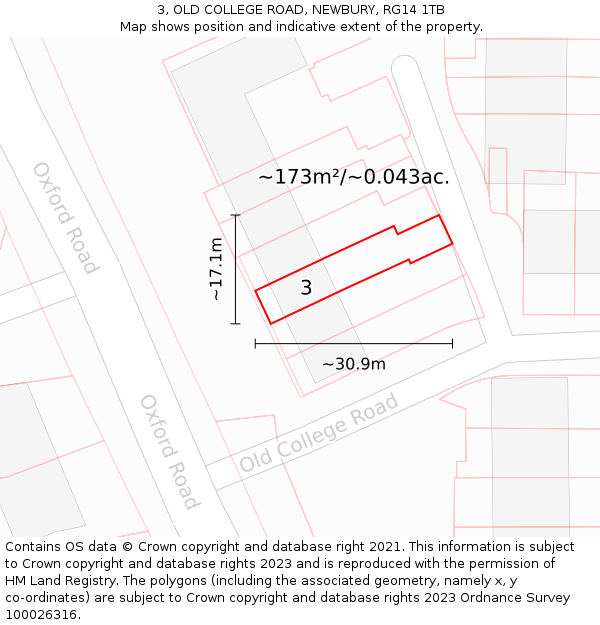 3, OLD COLLEGE ROAD, NEWBURY, RG14 1TB: Plot and title map
