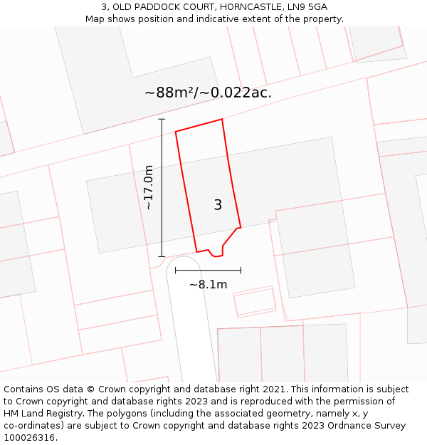 3, OLD PADDOCK COURT, HORNCASTLE, LN9 5GA: Plot and title map