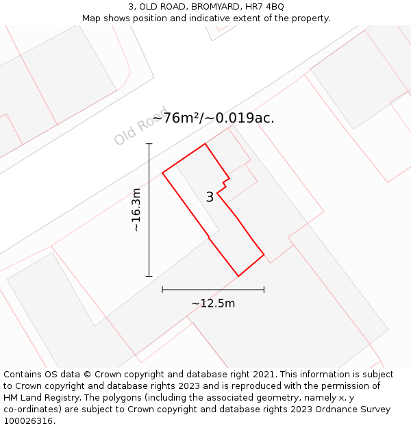 3, OLD ROAD, BROMYARD, HR7 4BQ: Plot and title map