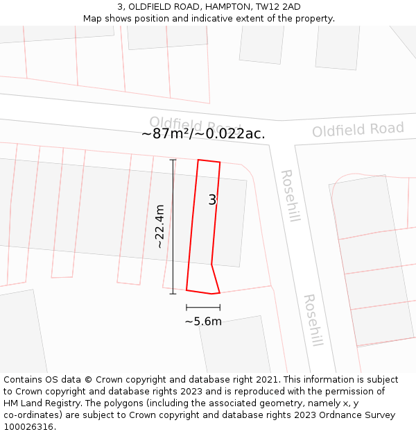 3, OLDFIELD ROAD, HAMPTON, TW12 2AD: Plot and title map