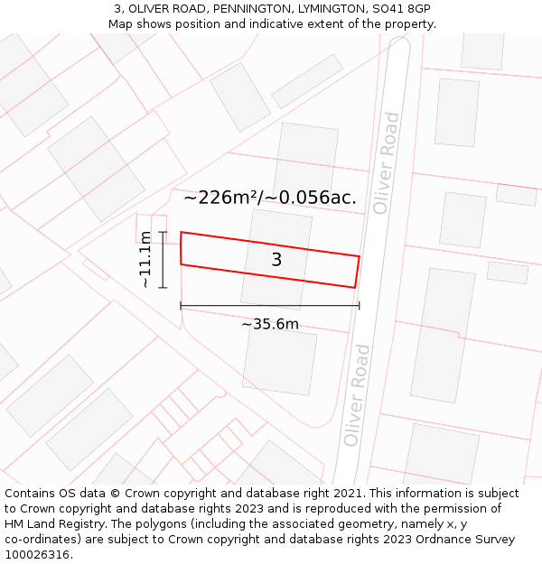 3, OLIVER ROAD, PENNINGTON, LYMINGTON, SO41 8GP: Plot and title map