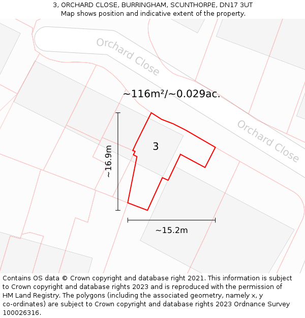 3, ORCHARD CLOSE, BURRINGHAM, SCUNTHORPE, DN17 3UT: Plot and title map