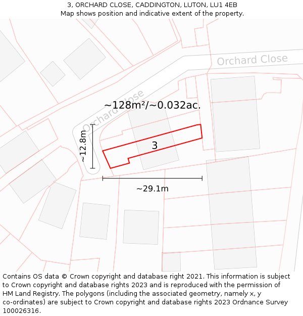 3, ORCHARD CLOSE, CADDINGTON, LUTON, LU1 4EB: Plot and title map