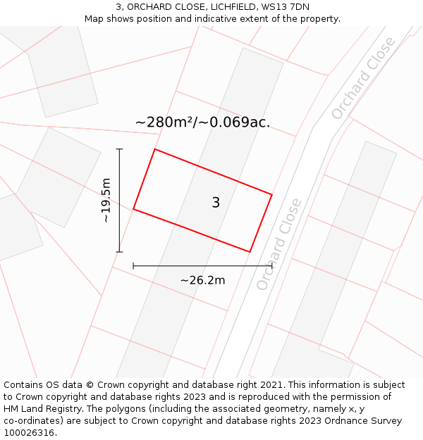 3, ORCHARD CLOSE, LICHFIELD, WS13 7DN: Plot and title map