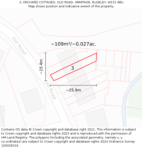 3, ORCHARD COTTAGES, OLD ROAD, ARMITAGE, RUGELEY, WS15 4BU: Plot and title map