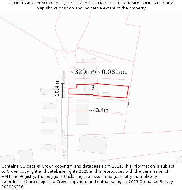 3, ORCHARD FARM COTTAGE, LESTED LANE, CHART SUTTON, MAIDSTONE, ME17 3RZ: Plot and title map