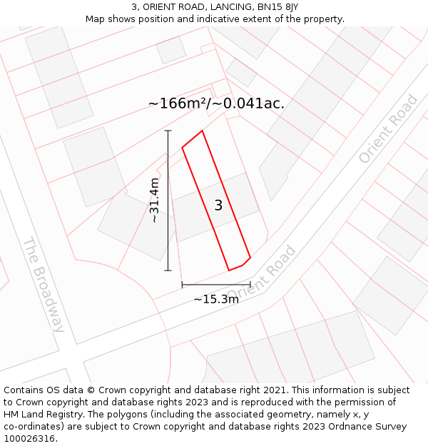 3, ORIENT ROAD, LANCING, BN15 8JY: Plot and title map