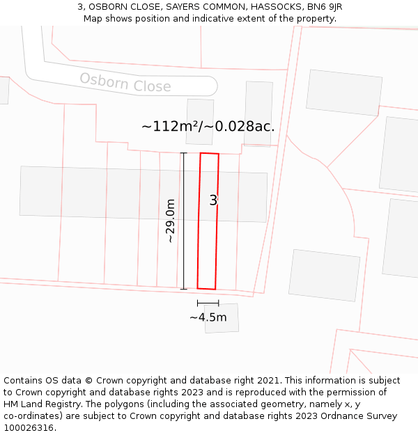 3, OSBORN CLOSE, SAYERS COMMON, HASSOCKS, BN6 9JR: Plot and title map