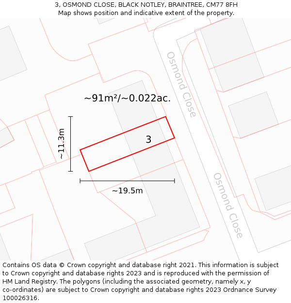 3, OSMOND CLOSE, BLACK NOTLEY, BRAINTREE, CM77 8FH: Plot and title map