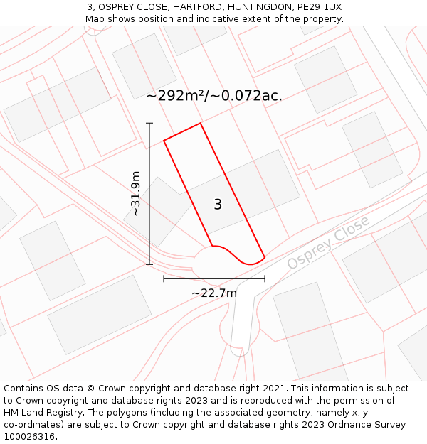 3, OSPREY CLOSE, HARTFORD, HUNTINGDON, PE29 1UX: Plot and title map