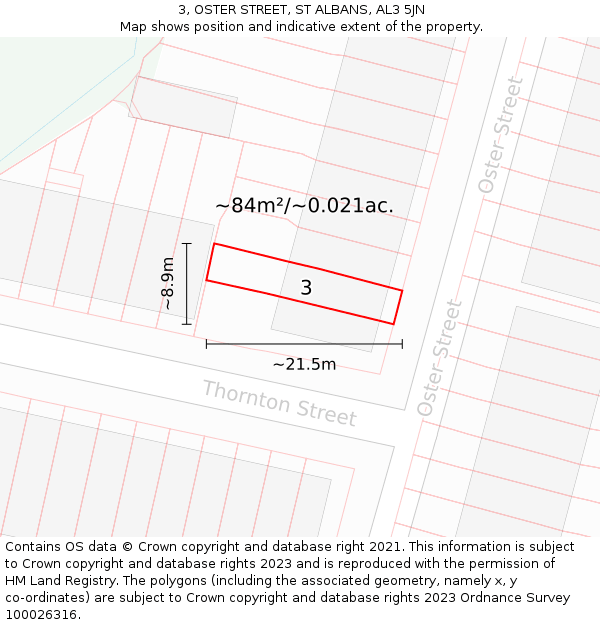 3, OSTER STREET, ST ALBANS, AL3 5JN: Plot and title map