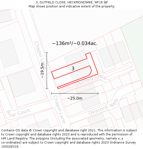 3, OUTFIELD CLOSE, HECKMONDWIKE, WF16 9JF: Plot and title map
