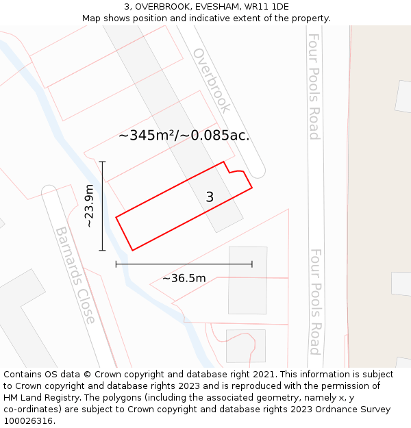 3, OVERBROOK, EVESHAM, WR11 1DE: Plot and title map