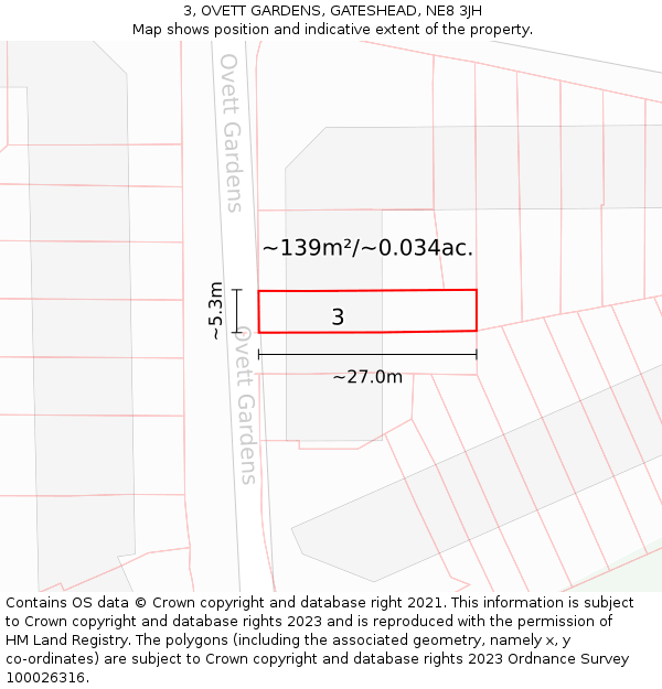 3, OVETT GARDENS, GATESHEAD, NE8 3JH: Plot and title map