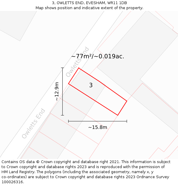 3, OWLETTS END, EVESHAM, WR11 1DB: Plot and title map