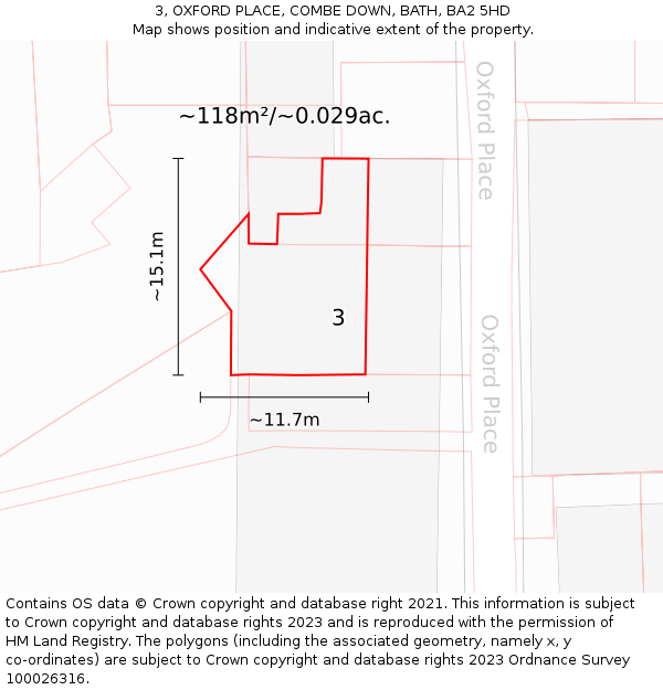 3, OXFORD PLACE, COMBE DOWN, BATH, BA2 5HD: Plot and title map