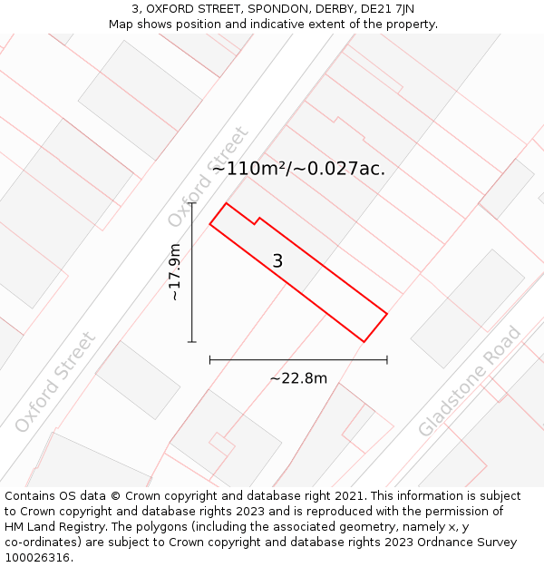 3, OXFORD STREET, SPONDON, DERBY, DE21 7JN: Plot and title map