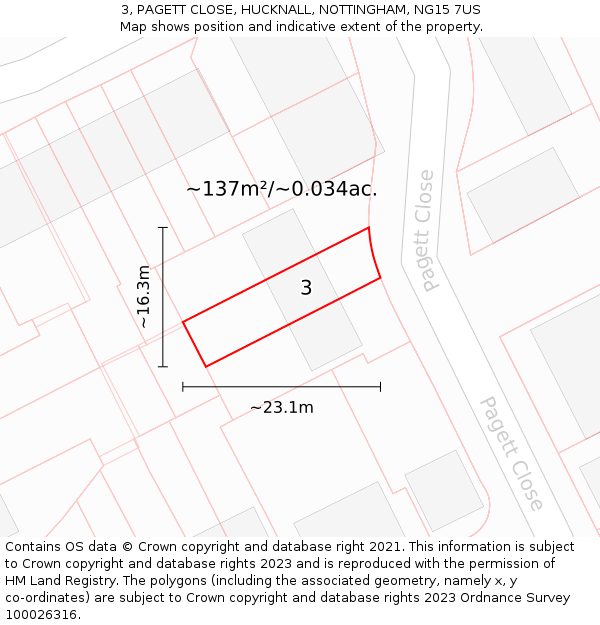 3, PAGETT CLOSE, HUCKNALL, NOTTINGHAM, NG15 7US: Plot and title map