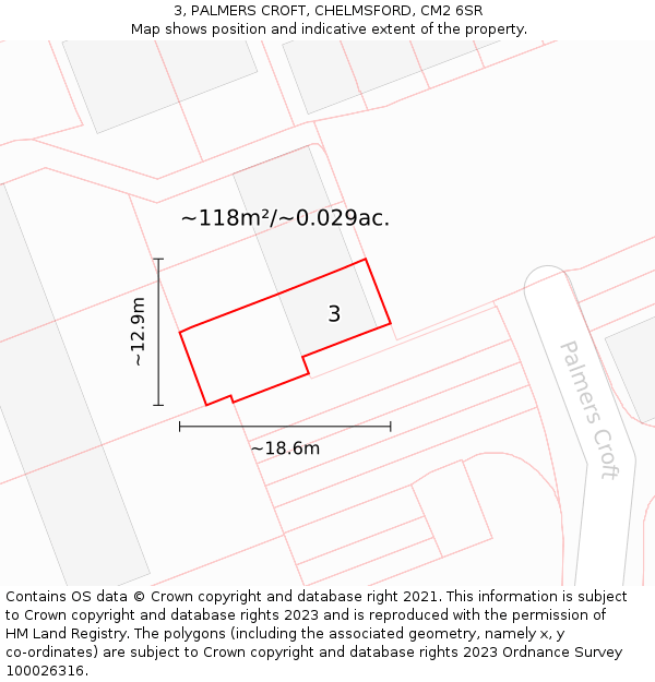 3, PALMERS CROFT, CHELMSFORD, CM2 6SR: Plot and title map