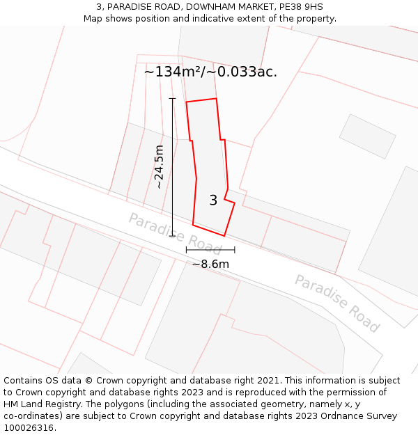 3, PARADISE ROAD, DOWNHAM MARKET, PE38 9HS: Plot and title map