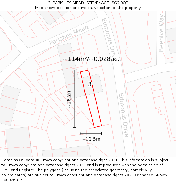 3, PARISHES MEAD, STEVENAGE, SG2 9QD: Plot and title map