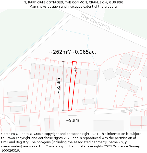 3, PARK GATE COTTAGES, THE COMMON, CRANLEIGH, GU6 8SG: Plot and title map
