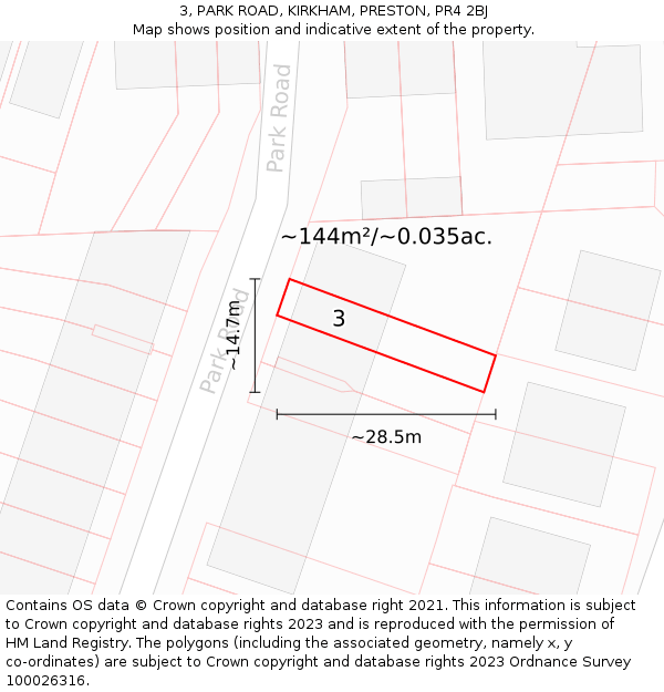 3, PARK ROAD, KIRKHAM, PRESTON, PR4 2BJ: Plot and title map