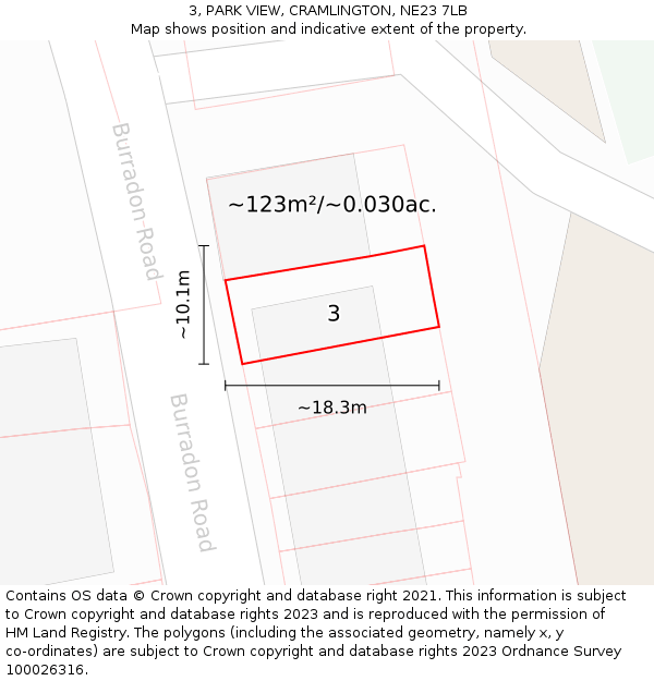 3, PARK VIEW, CRAMLINGTON, NE23 7LB: Plot and title map