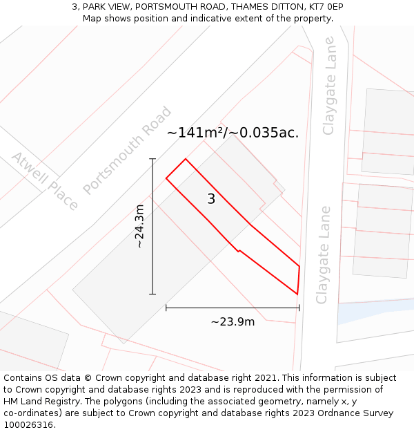 3, PARK VIEW, PORTSMOUTH ROAD, THAMES DITTON, KT7 0EP: Plot and title map
