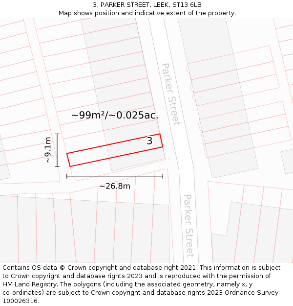3, PARKER STREET, LEEK, ST13 6LB: Plot and title map