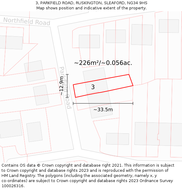 3, PARKFIELD ROAD, RUSKINGTON, SLEAFORD, NG34 9HS: Plot and title map