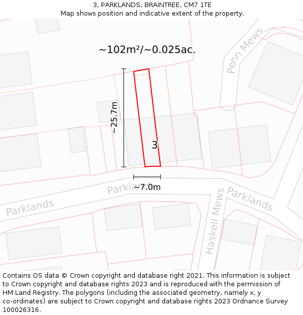 3, PARKLANDS, BRAINTREE, CM7 1TE: Plot and title map