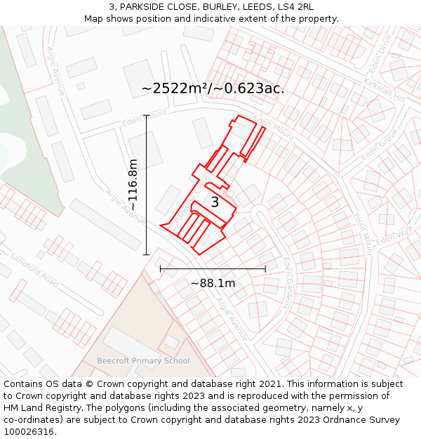 3, PARKSIDE CLOSE, BURLEY, LEEDS, LS4 2RL: Plot and title map