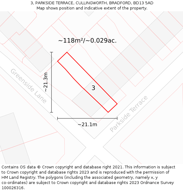 3, PARKSIDE TERRACE, CULLINGWORTH, BRADFORD, BD13 5AD: Plot and title map