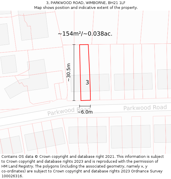 3, PARKWOOD ROAD, WIMBORNE, BH21 1LF: Plot and title map