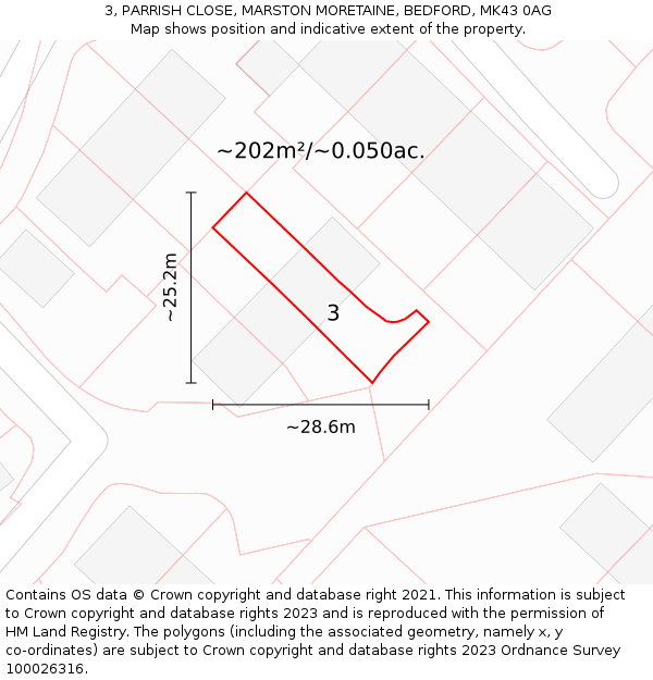 3, PARRISH CLOSE, MARSTON MORETAINE, BEDFORD, MK43 0AG: Plot and title map