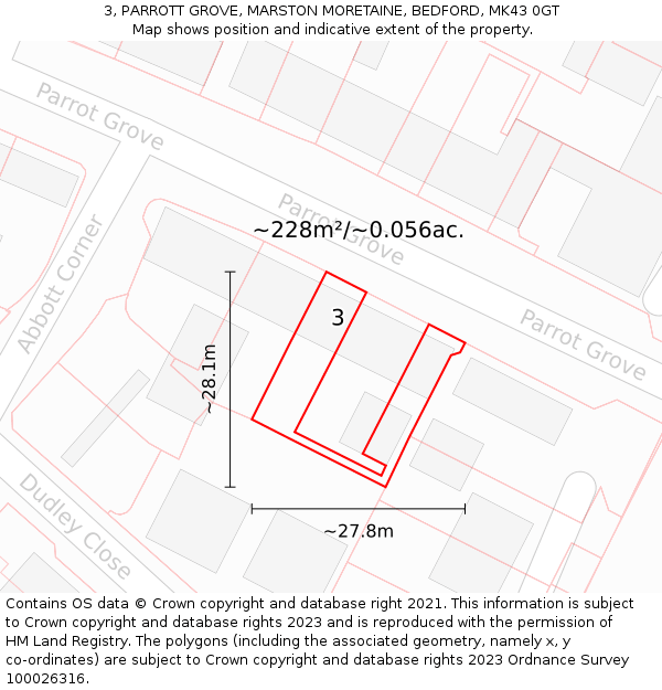 3, PARROTT GROVE, MARSTON MORETAINE, BEDFORD, MK43 0GT: Plot and title map