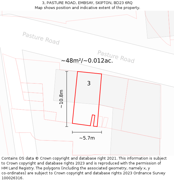 3, PASTURE ROAD, EMBSAY, SKIPTON, BD23 6RQ: Plot and title map
