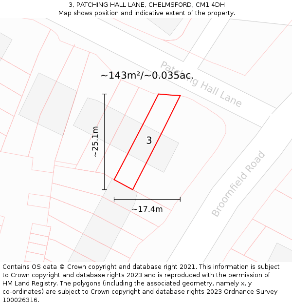 3, PATCHING HALL LANE, CHELMSFORD, CM1 4DH: Plot and title map