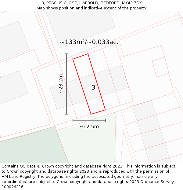 3, PEACHS CLOSE, HARROLD, BEDFORD, MK43 7DX: Plot and title map