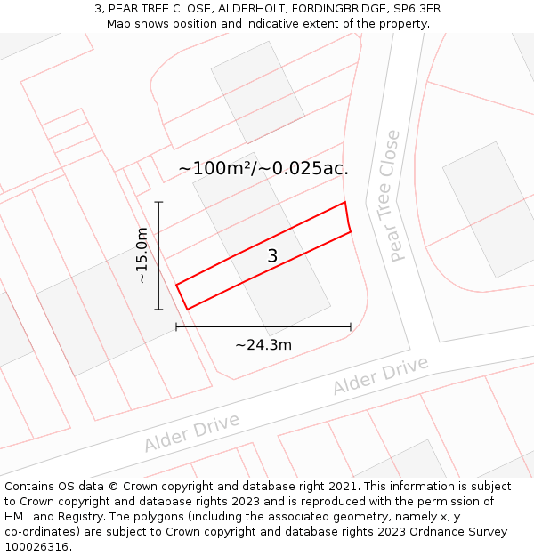 3, PEAR TREE CLOSE, ALDERHOLT, FORDINGBRIDGE, SP6 3ER: Plot and title map