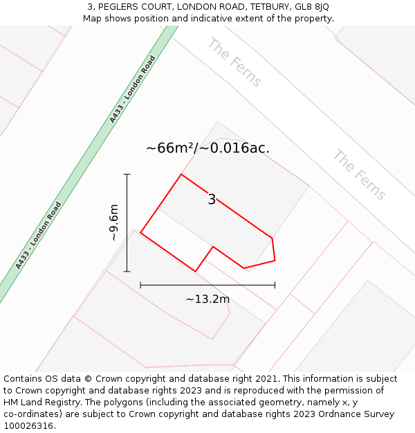 3, PEGLERS COURT, LONDON ROAD, TETBURY, GL8 8JQ: Plot and title map