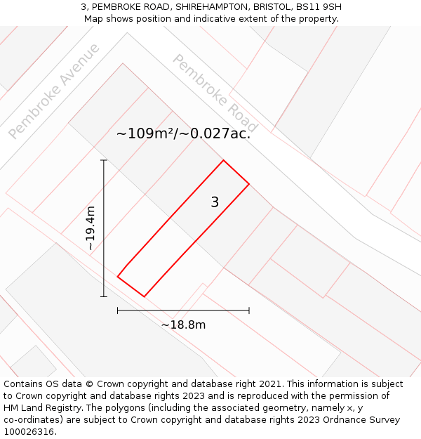 3, PEMBROKE ROAD, SHIREHAMPTON, BRISTOL, BS11 9SH: Plot and title map