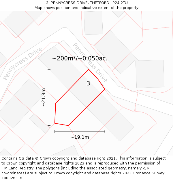 3, PENNYCRESS DRIVE, THETFORD, IP24 2TU: Plot and title map