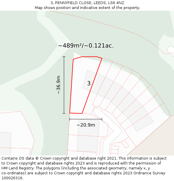 3, PENNYFIELD CLOSE, LEEDS, LS6 4NZ: Plot and title map